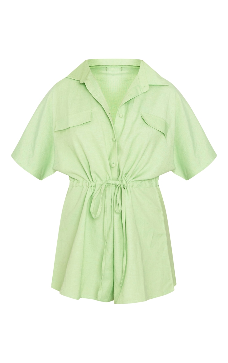  Green Linen Look Tie Waist Shirt Style Romper image 5