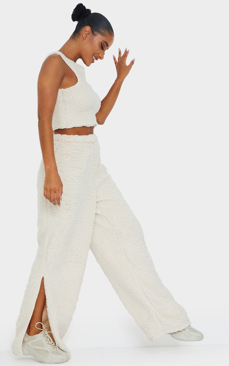 Cream Soft Borg Split Hem Wide Leg Joggers