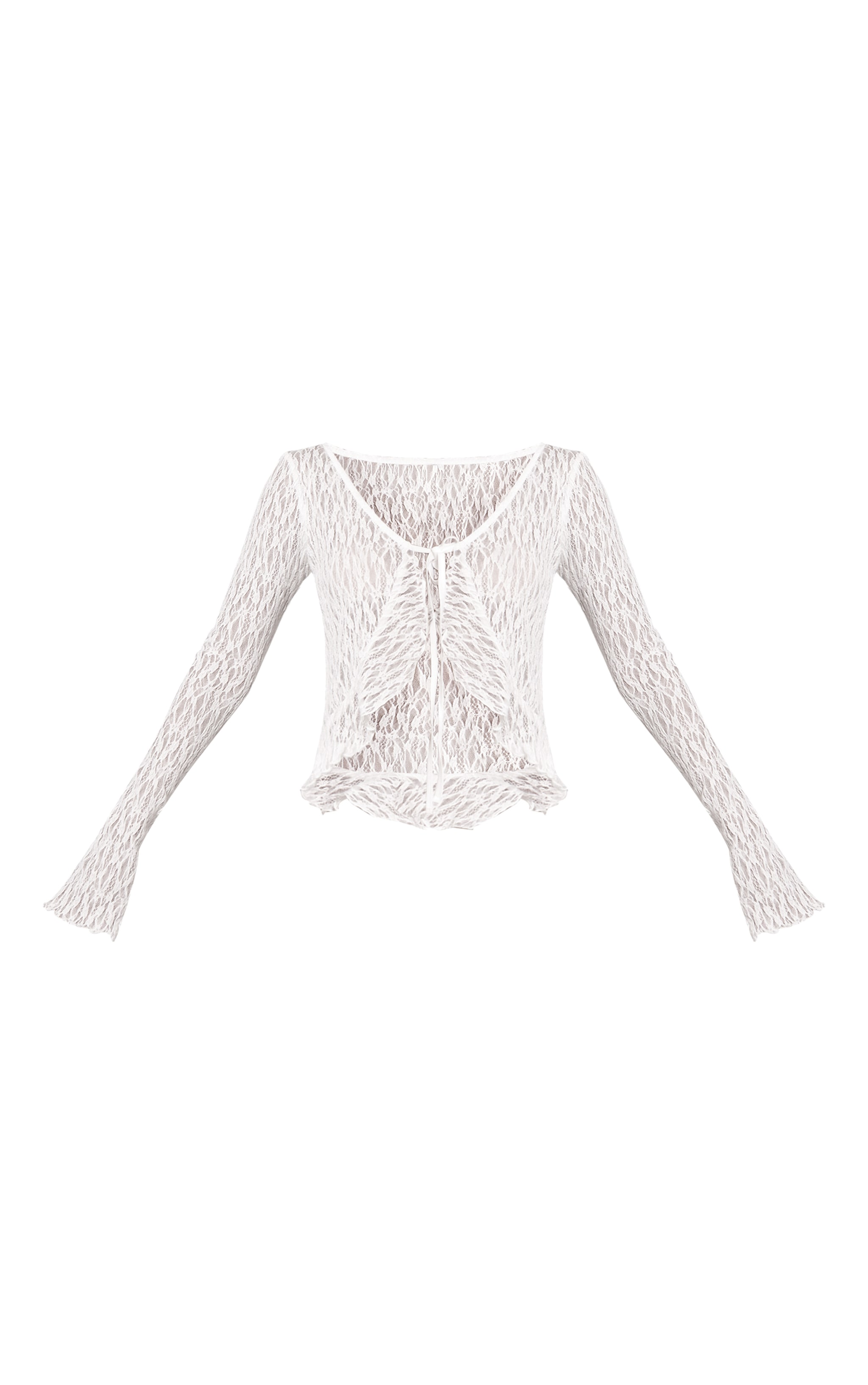 White Lace Tie Front Ruffle Long Sleeve Top image 5