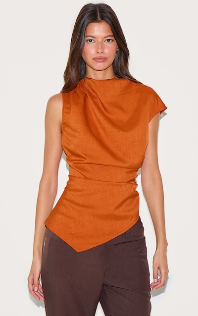 Rust Woven Ruched Asymmetric Long Top