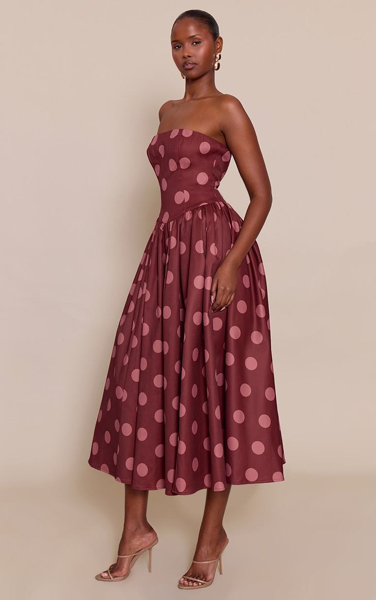 Blush Polka Dot Woven Bandeau Ruched Skater Midaxi Dress