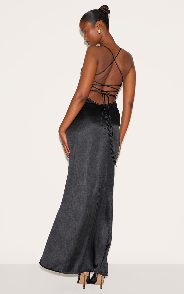 Black Satin Tie Back Maxi Dress image 2