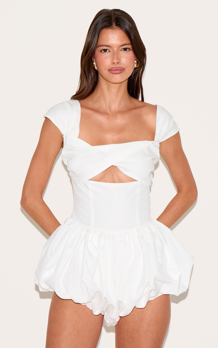 White Woven Puffball Cap Sleeve Romper image 1