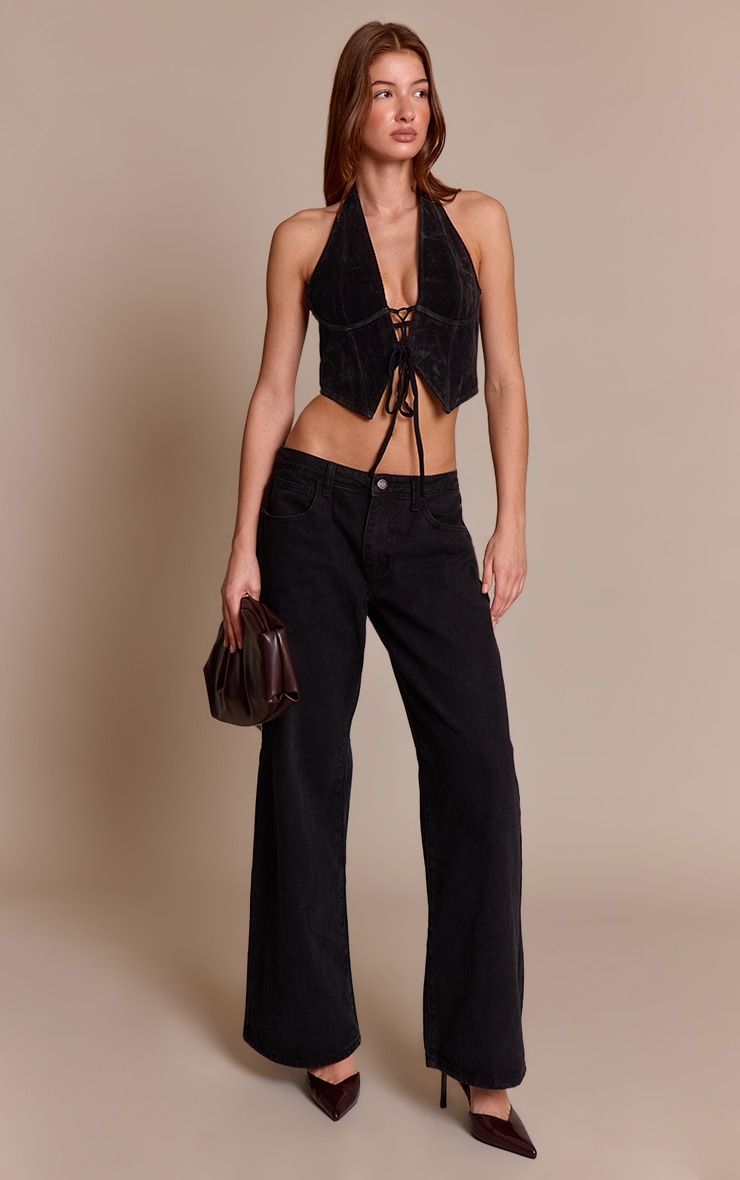 Top en suédine noire à dos nu et décolleté lacé image 3