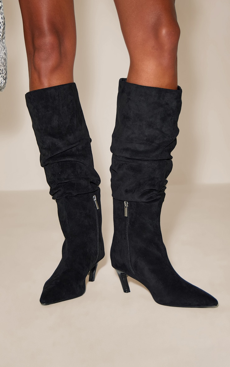 Black Faux Leather Heeled Knee High Scrunch Boot image 1