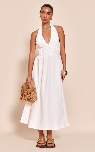 White Woven Halterneck Sleeveless Midaxi Dress