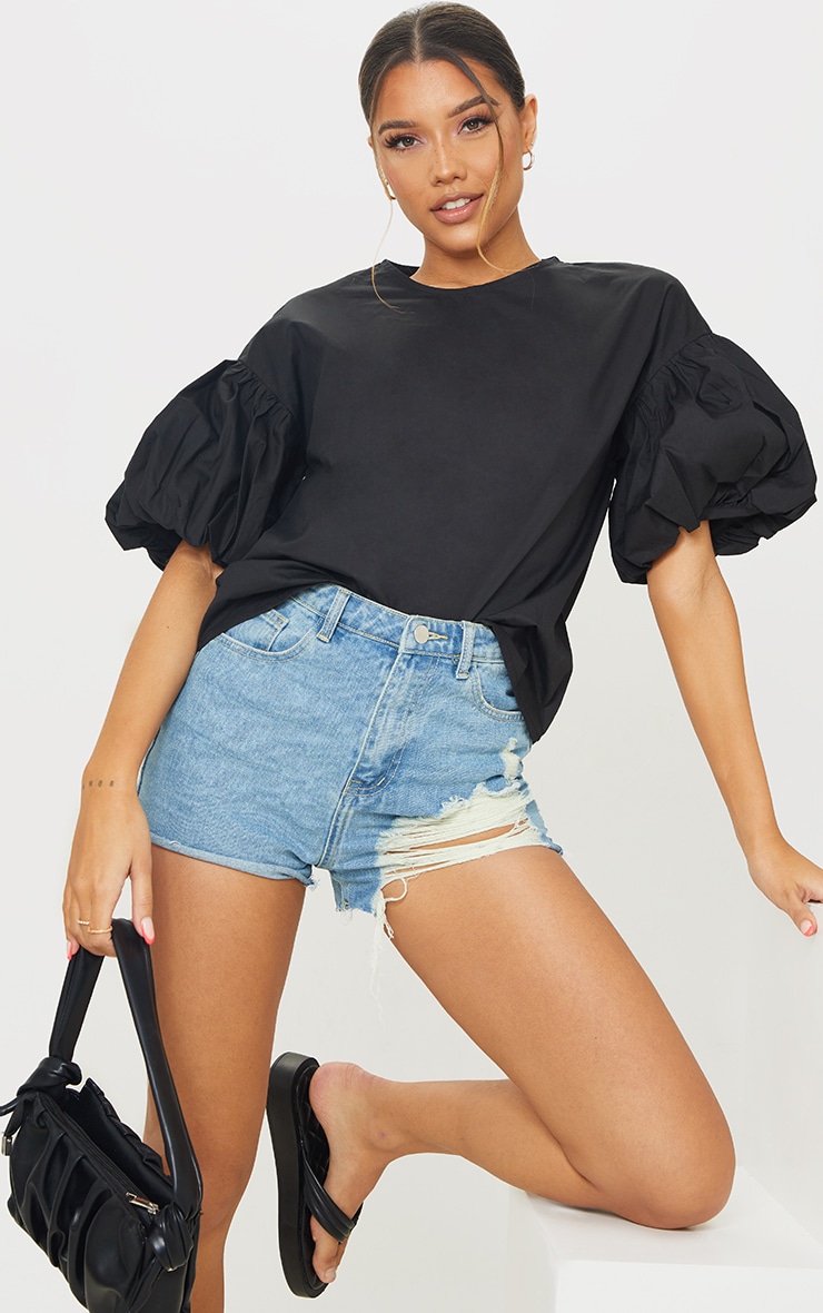 Black Woven Puff Sleeve Top Tops PrettyLittleThing