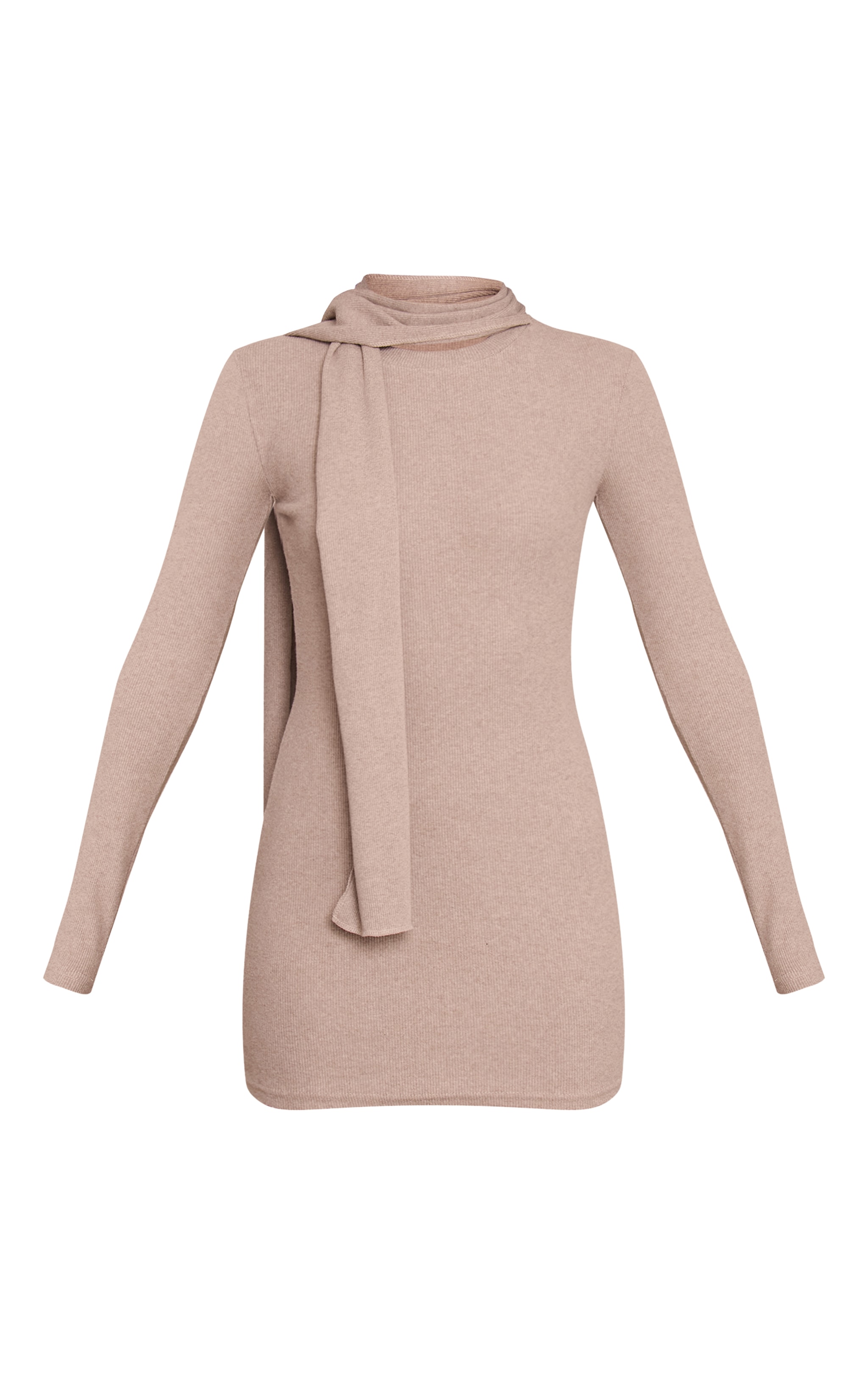 Taupe Brushed Rib Scarf Detail Long Sleeve Mini Dress image 5