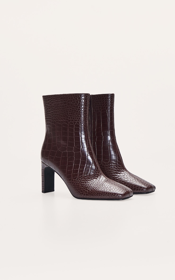 Chocolate Croc PU Slim Block Heel Ankle Boots image 3
