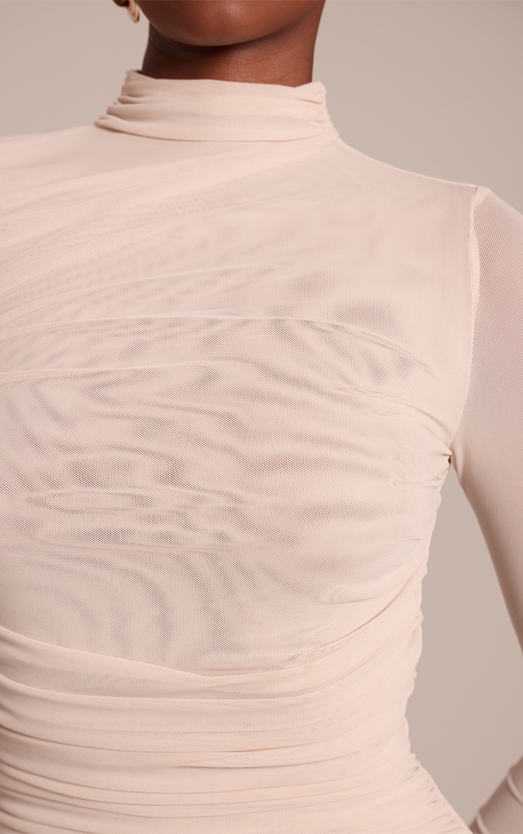 Cream Mesh Long Sleeve High Neck Ruched Maxi Dress image 4
