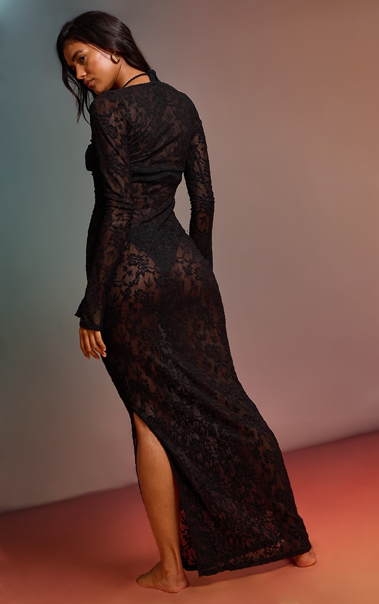Black Textured Knit Plunge Front Maxi Beach Dress image 2