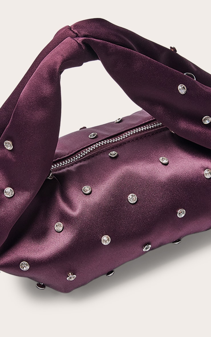 Plum Satin Diamante Stud Clutch Bag image 5
