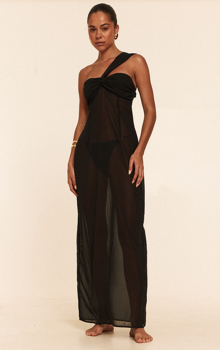 Black Ruched Chiffon Maxi Beach Dress image 1