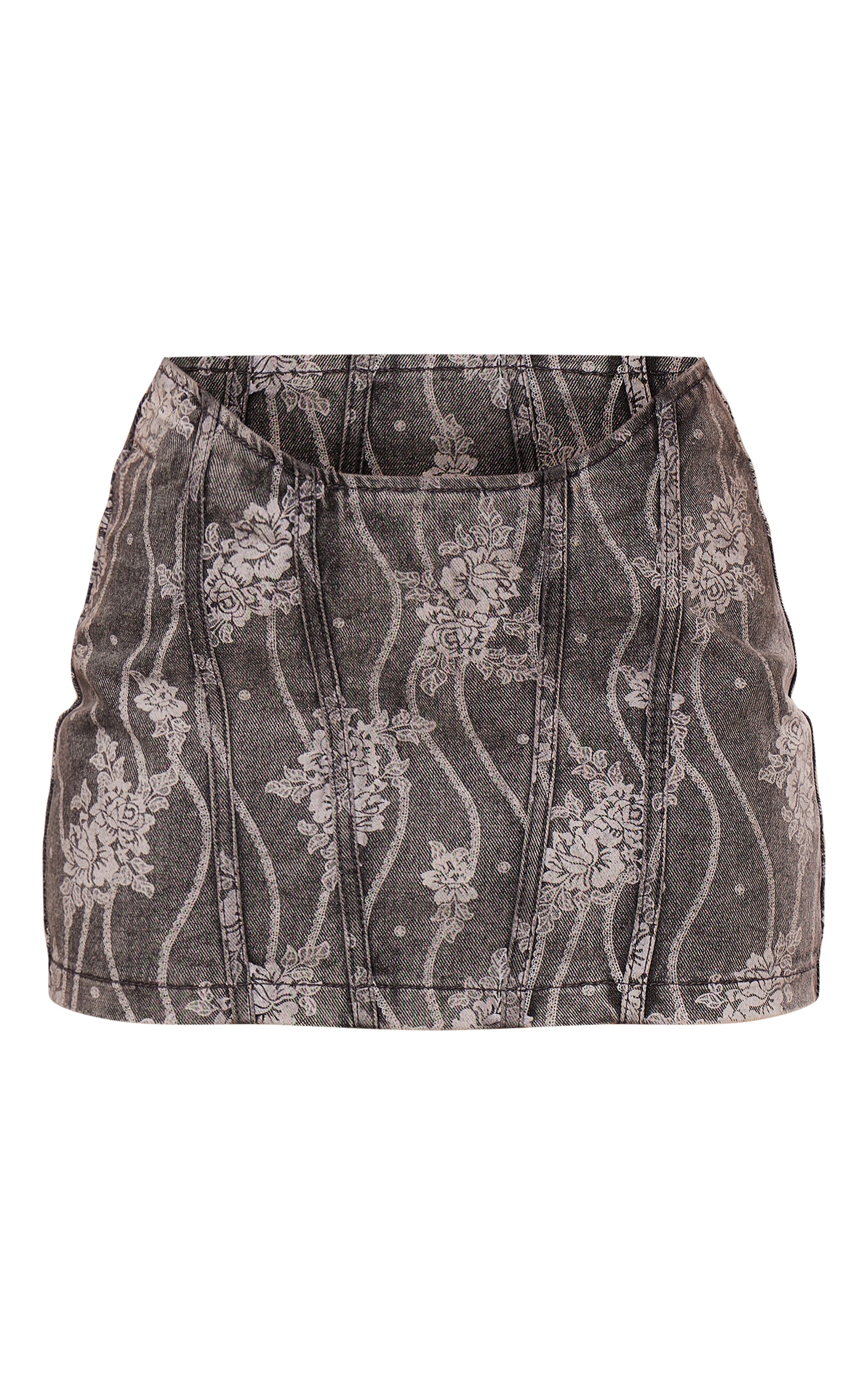 Washed Grey Lace Print Denim Mini Skirt image 6