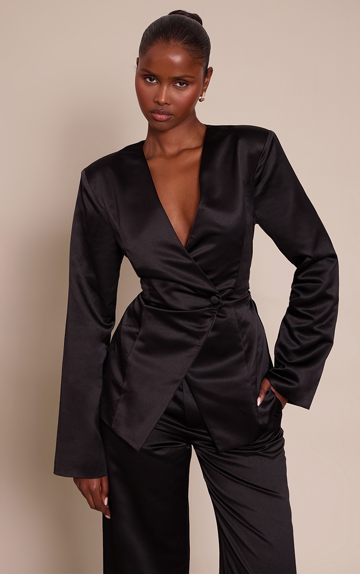 Black Satin Ruched Cinched Blazer image 1