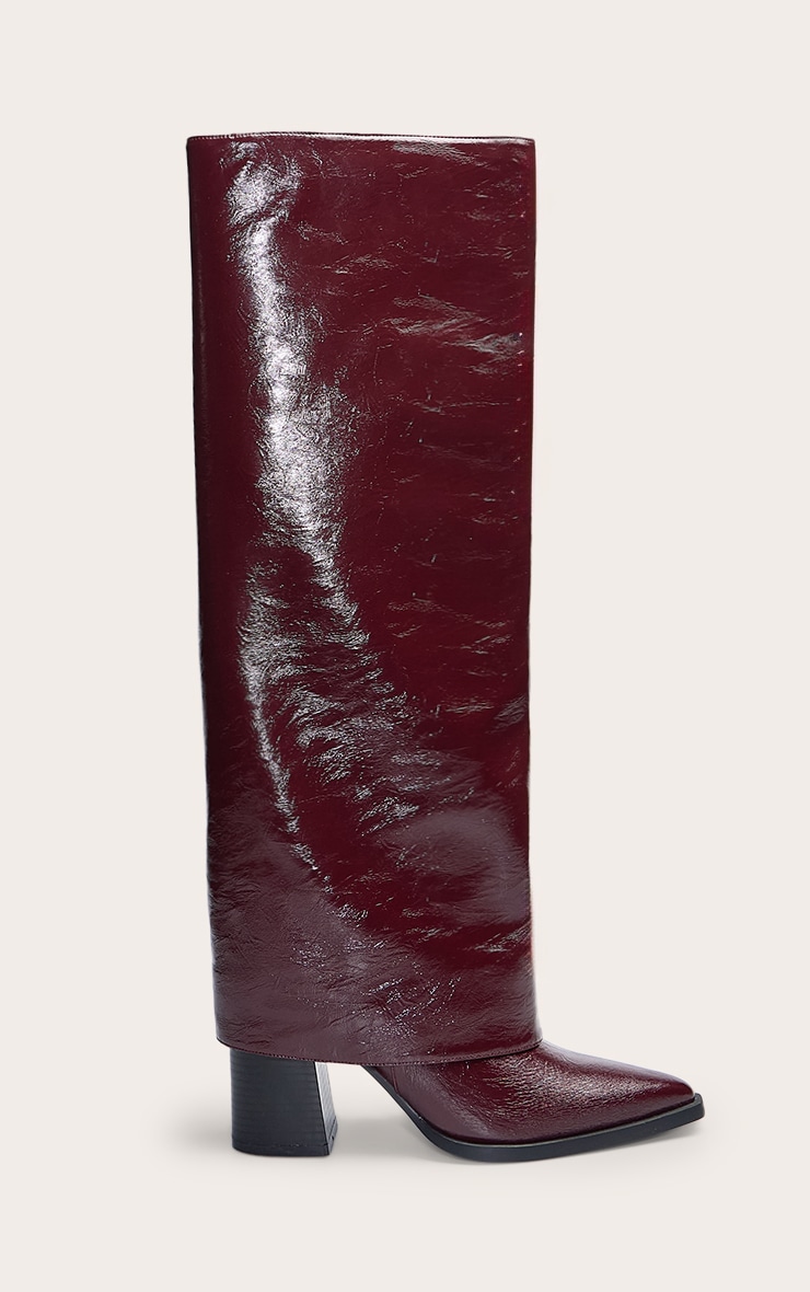Bottes repliées en PU crêpé bordeaux à talon carré image 2