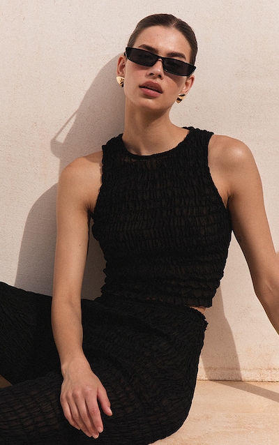 Black Shirred Chiffon Racer Neck Top