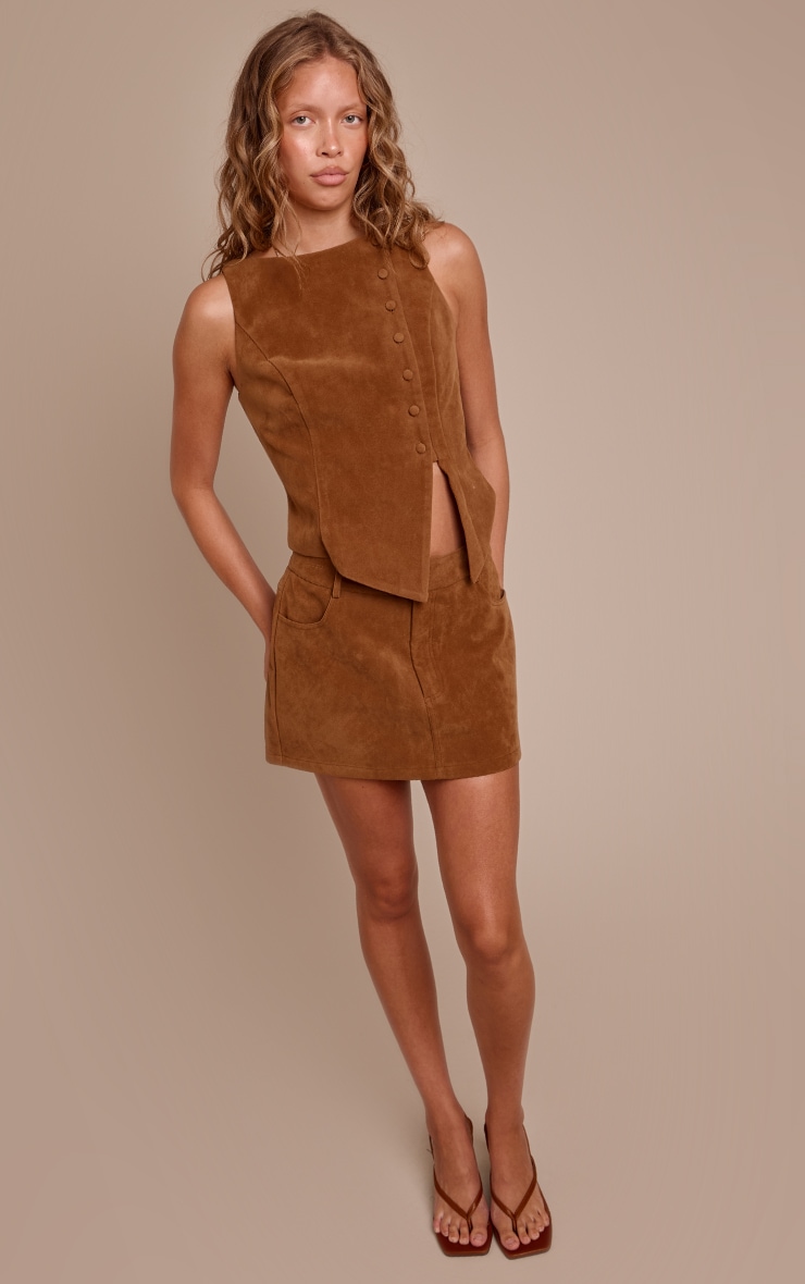 Camel Faux Suede Asymmetric Button Detail Vest image 3