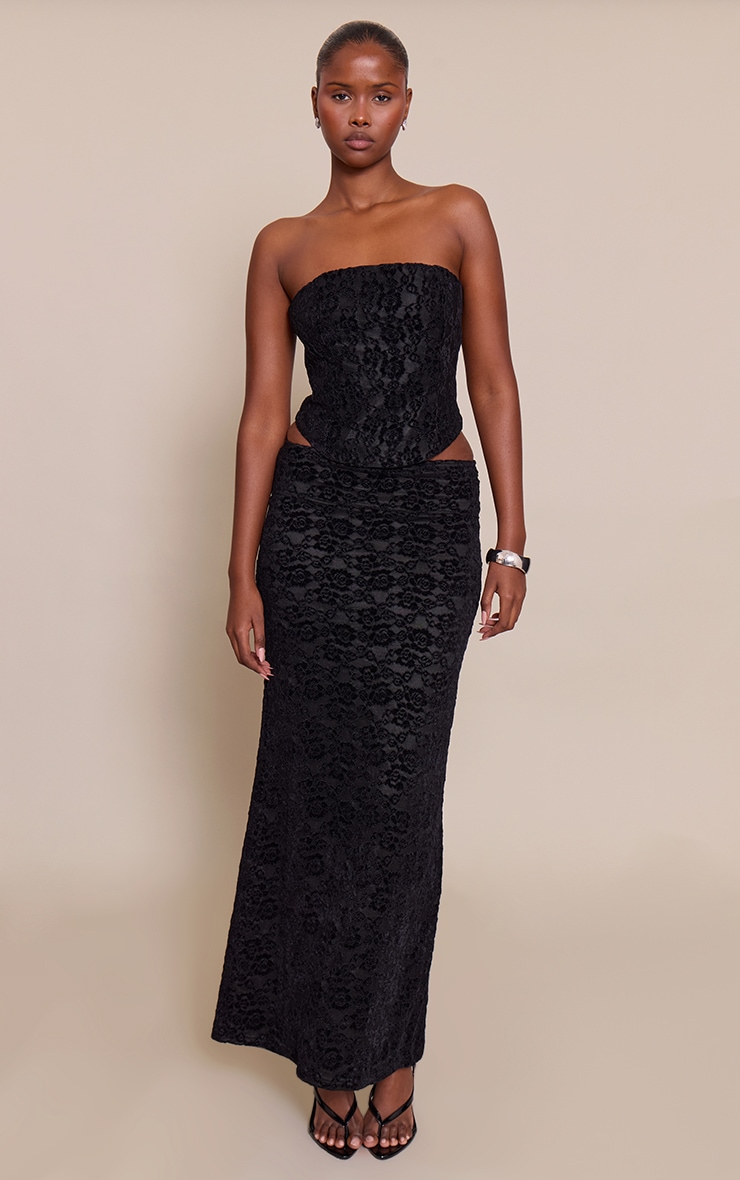 Black Lace Velvet Maxi Skirt Mid Rise