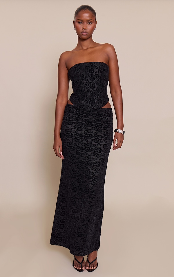 Black Lace Velvet Maxi Skirt Mid Rise