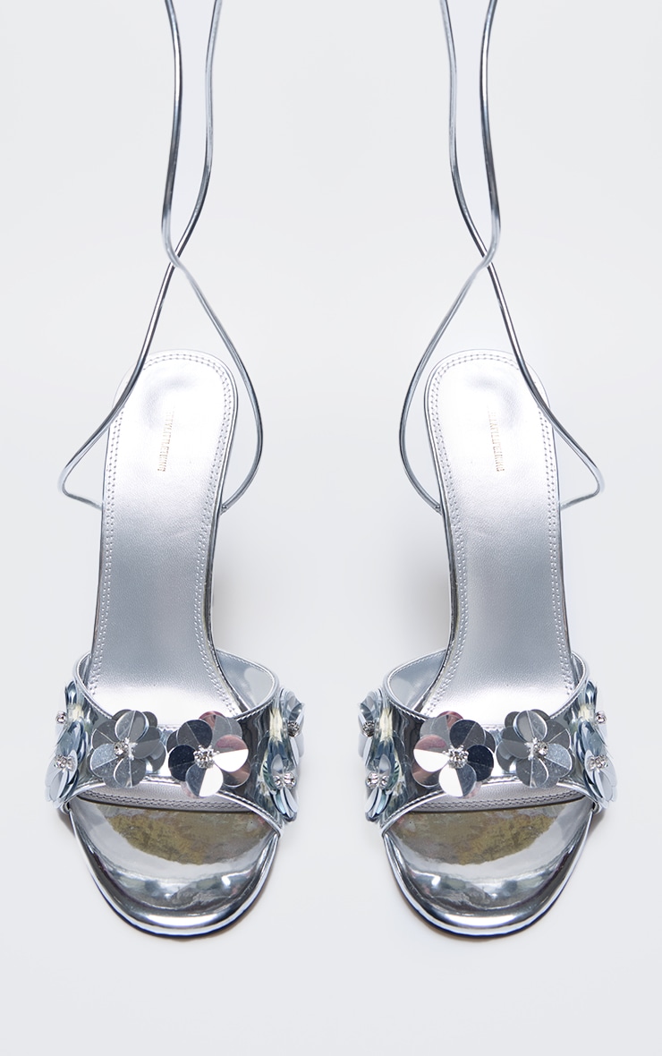 Silver PU Round Toe Sequin Flower Lace Up Heeled Sandals image 3