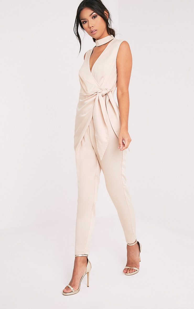 Carla Champagne Tie Side Choker Detail Satin Jumpsuit Jumpsuits