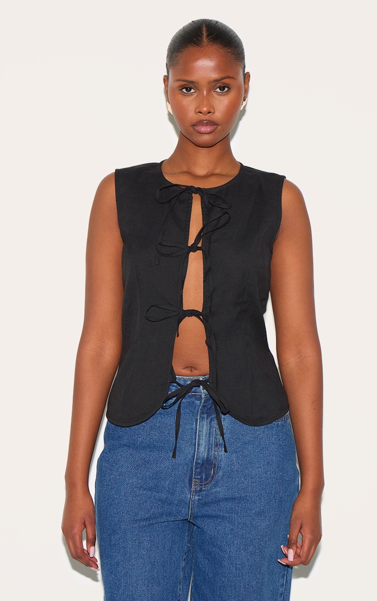 Black Lightweight Woven Tie Front Vest image 1