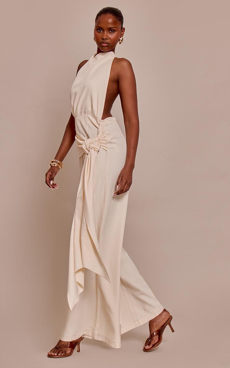 Buttercream Woven Halterneck Wrap Detail Wide Leg Jumpsuit image 3