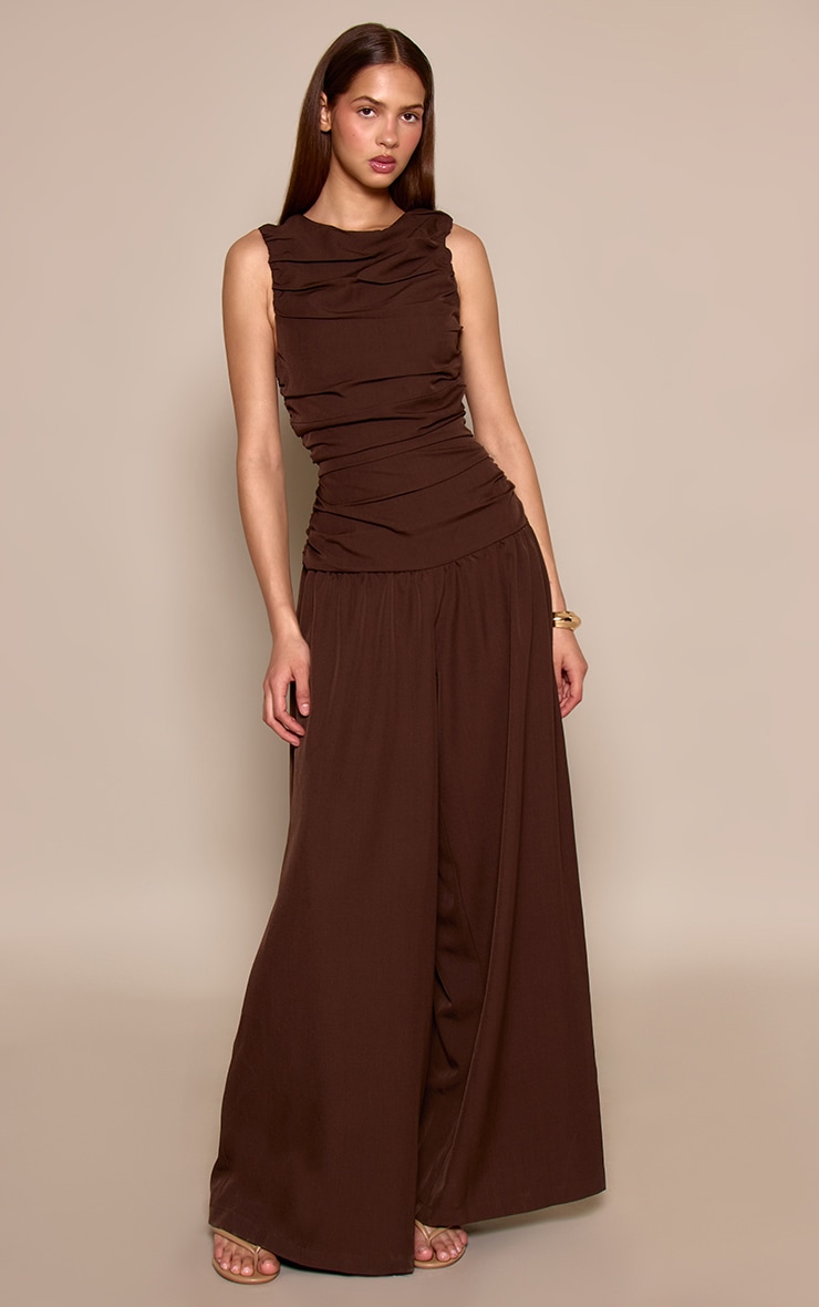 Chocolate Woven Ruched Drop Waist Jumpsuit