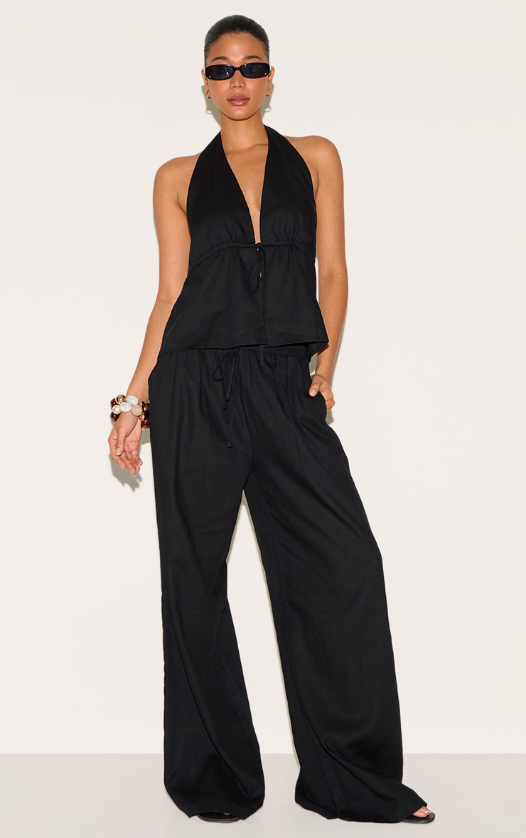 Black Linen Look Tie Waist Longline Top image 3