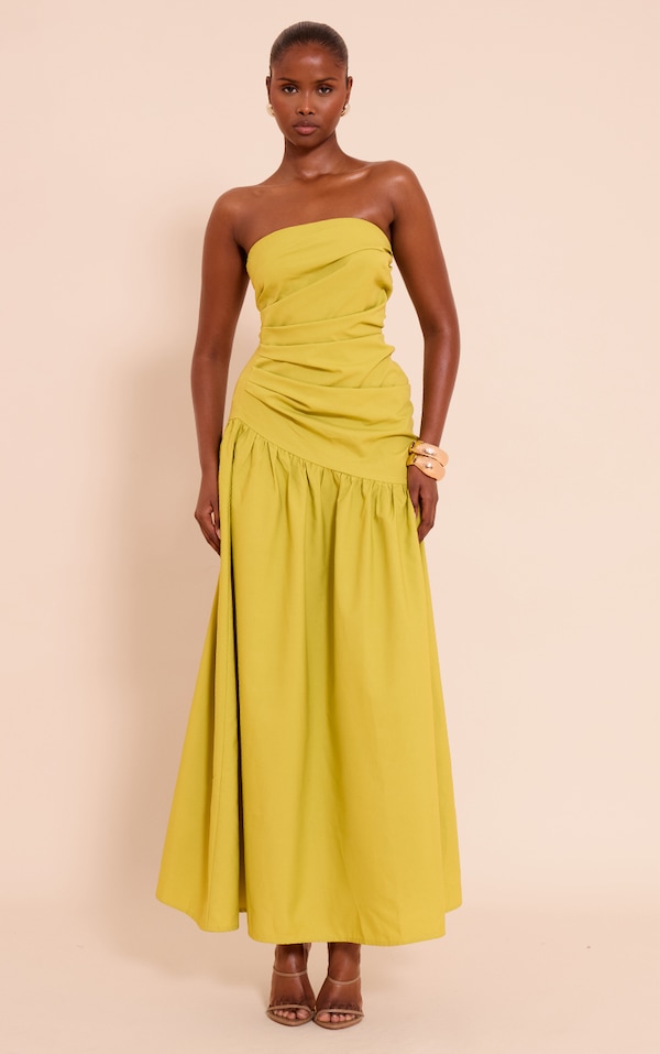 Dark Lime Woven Bandeau Ruched Maxi Dress