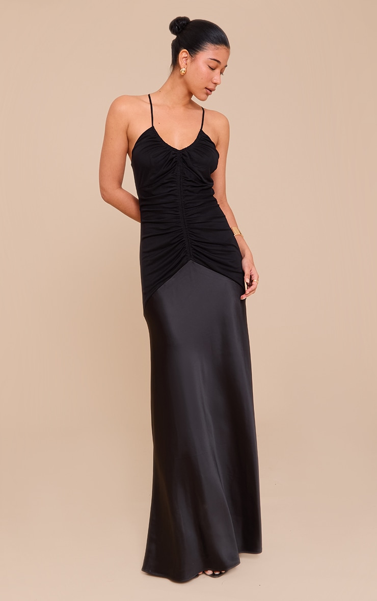 Black Ruched Detail Satin Maxi Slip Dress image 4