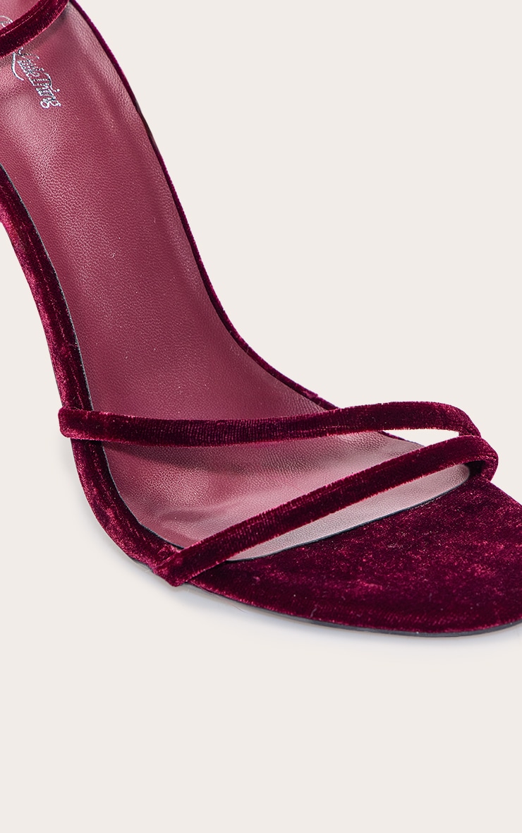 Burgundy Velvet Round Toe Asymmetric High Stiletto Heeled Sandals image 5