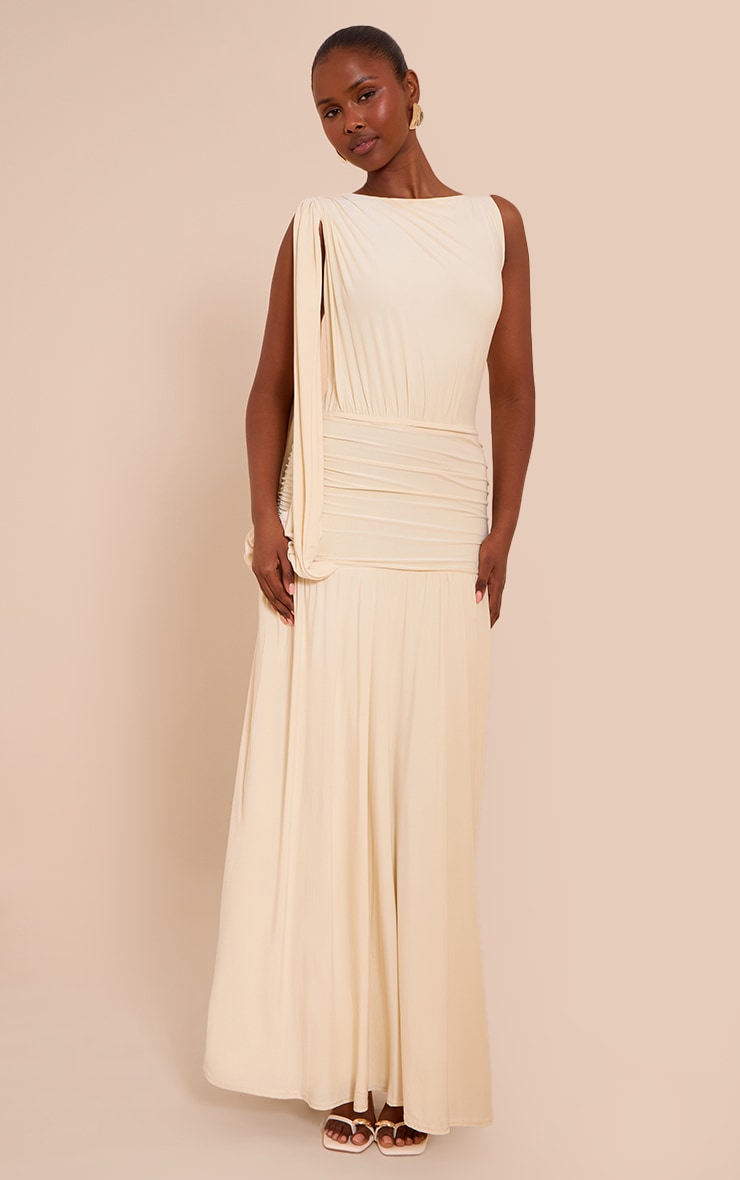 Butter Cream Double Layer Slinky Ruched One Shoulder Maxi Dress image 1