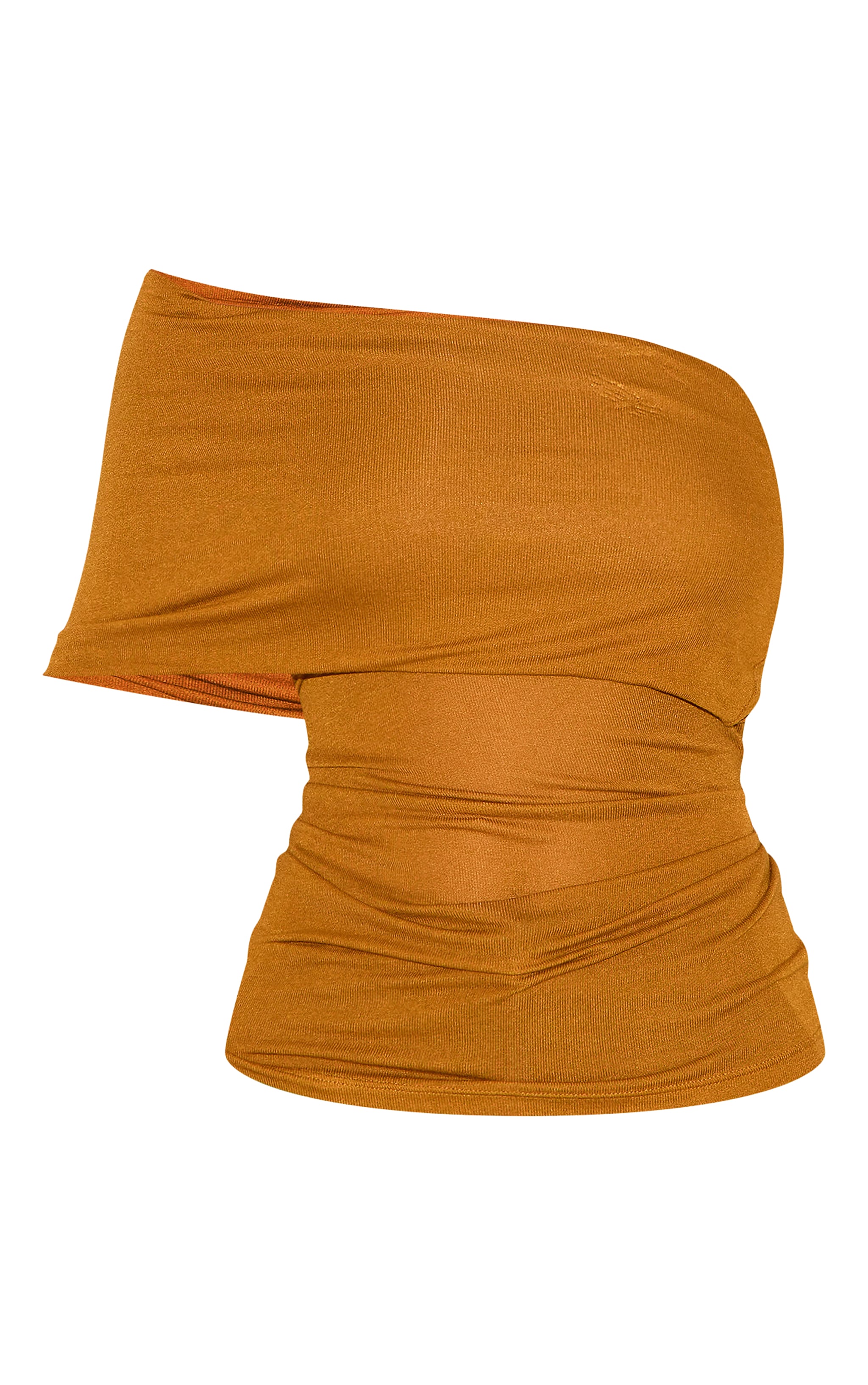 Tan Sheer Soft Touch Fold Over Detail One Shoulder Long Top image 5