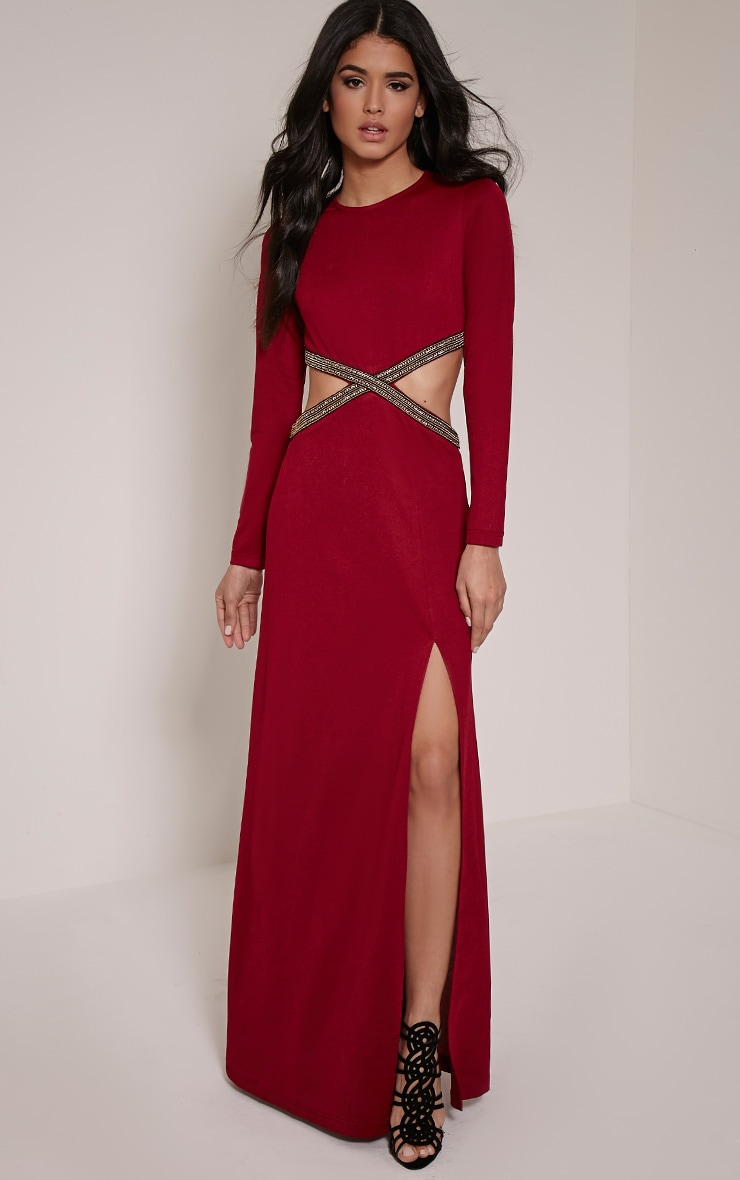 Tania Burgundy Cut Out Gold Trim Maxi Dress PrettyLittleThing