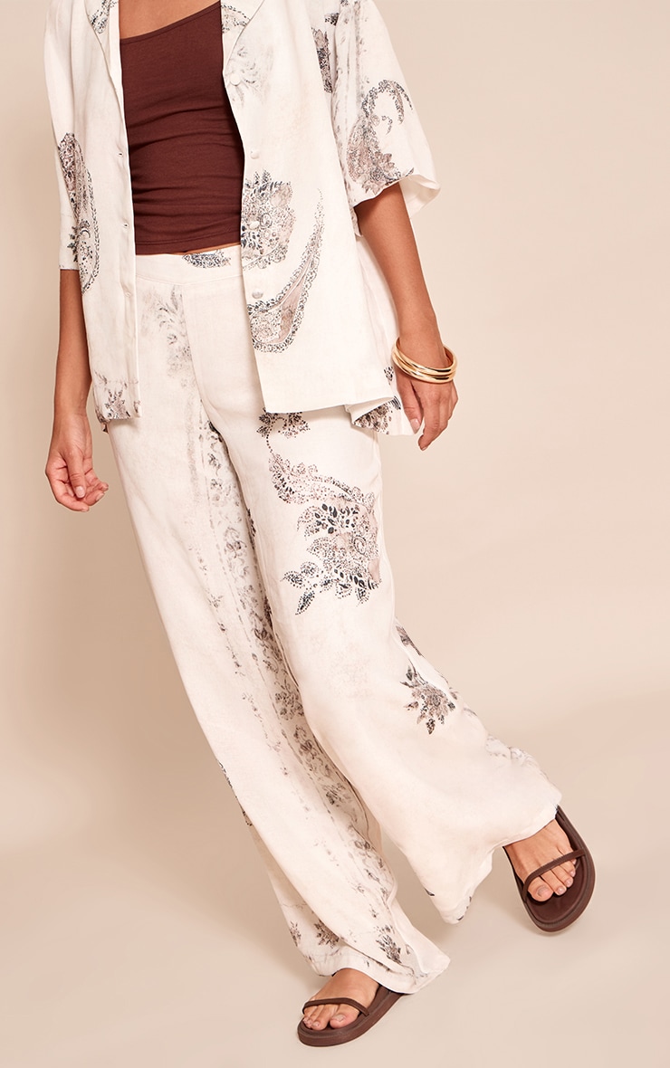  Cream Paisley Print Woven Tailored Extreme Wide Leg Pants image 2