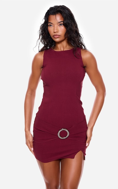 Wine Wrap Belt Detail Bodycon Dress