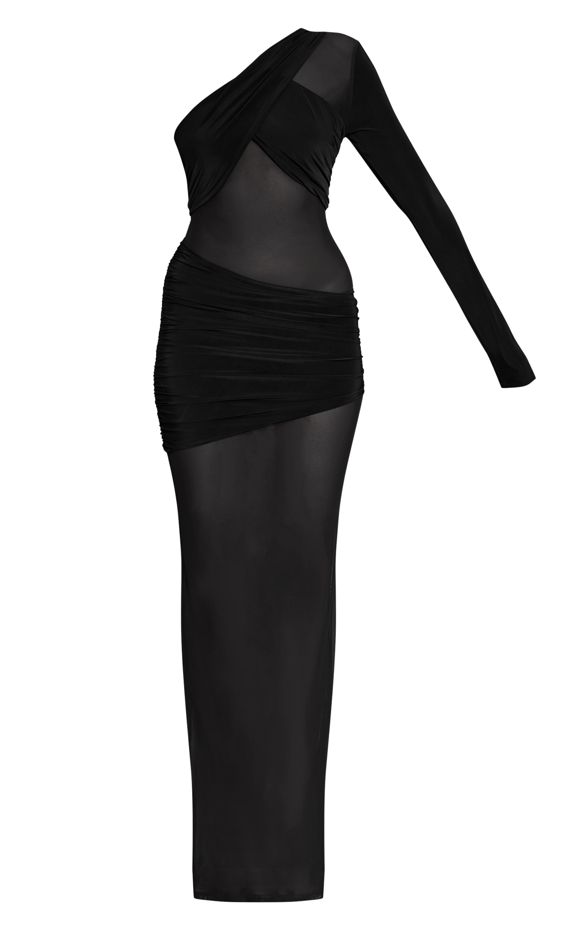 Black Mesh Cut Out Detail One Sleeve Maxi Dress image 5