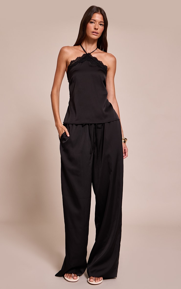 Black Satin Lace Trim Halterneck Cami Top image 3