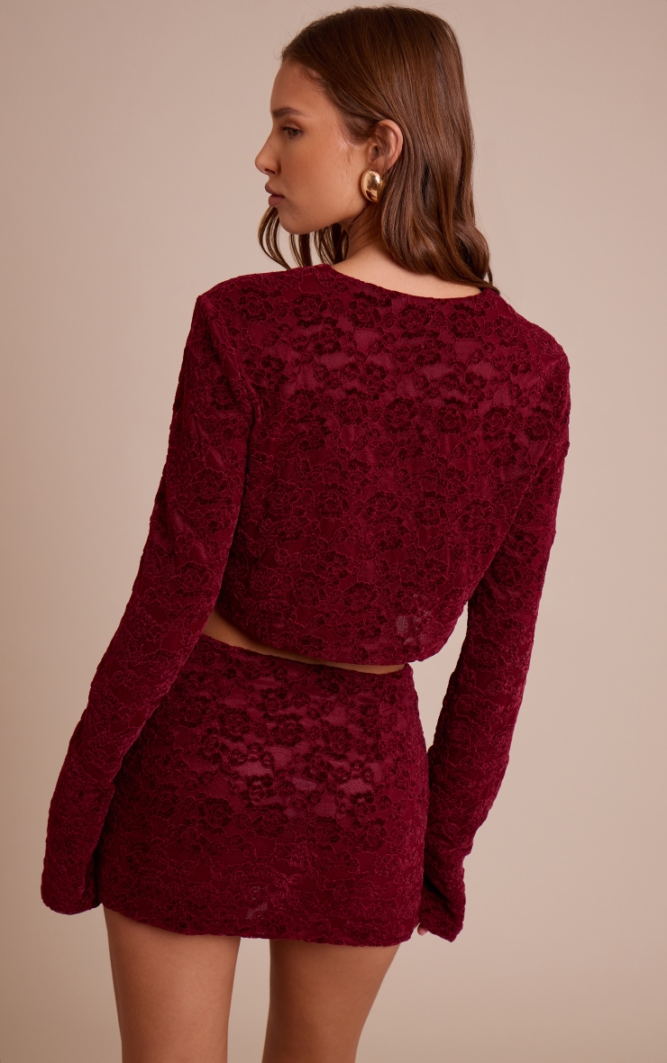 Dark Wine Lace Button Up Long Sleeve Crop Top  image 2