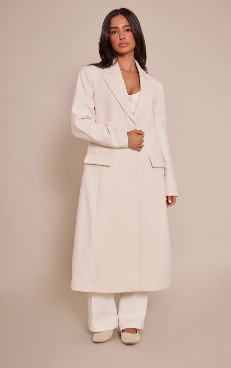 Petite Cream Single Breasted Seam Detail Wool Look Maxi Coat image 4