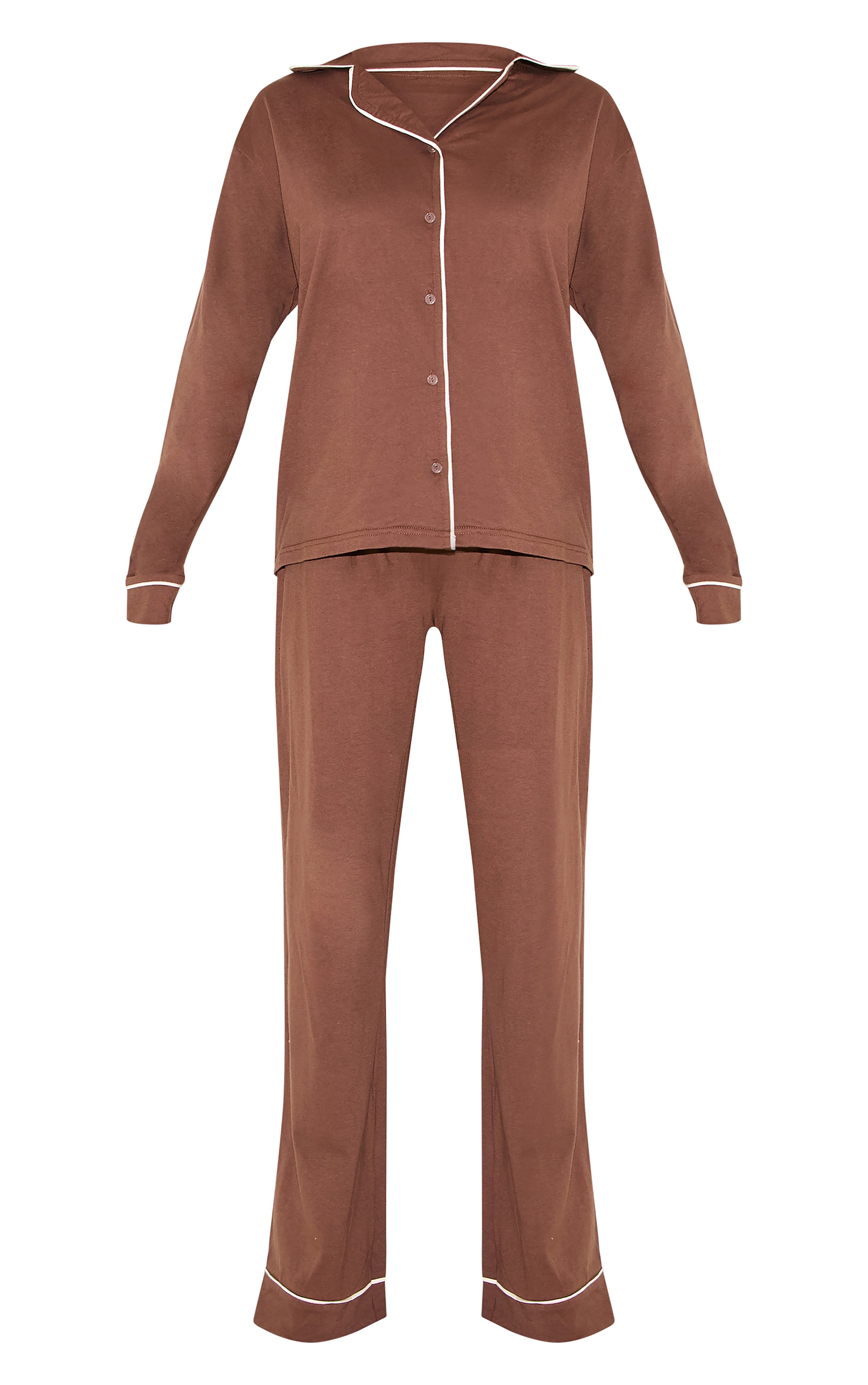 Chocolate Jersey Contrast Piping Detail Long Pj Set image 5