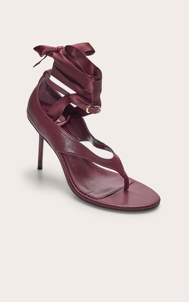 Burgundy Pu Round Toe Thong Ribbon Lace Up High Stiletto Heeled Sandals. image 2