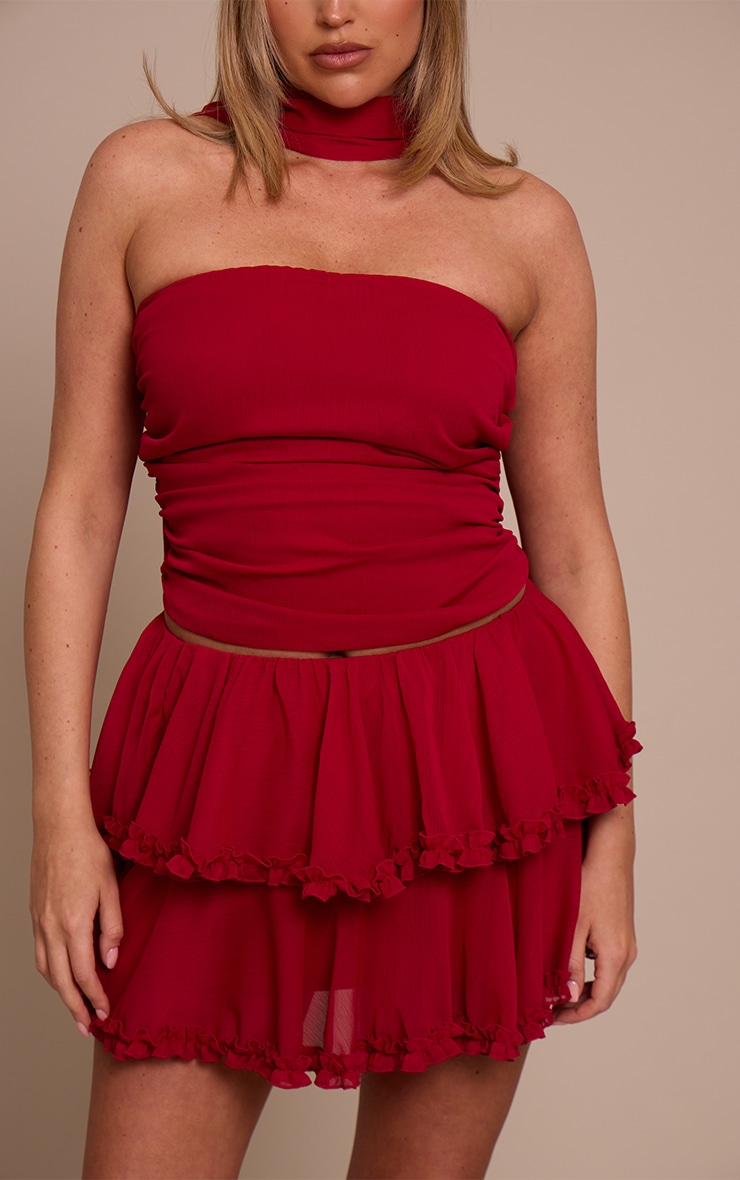 Shape Burgundy Chiffon Tiered Frill Mini Skirt image 2