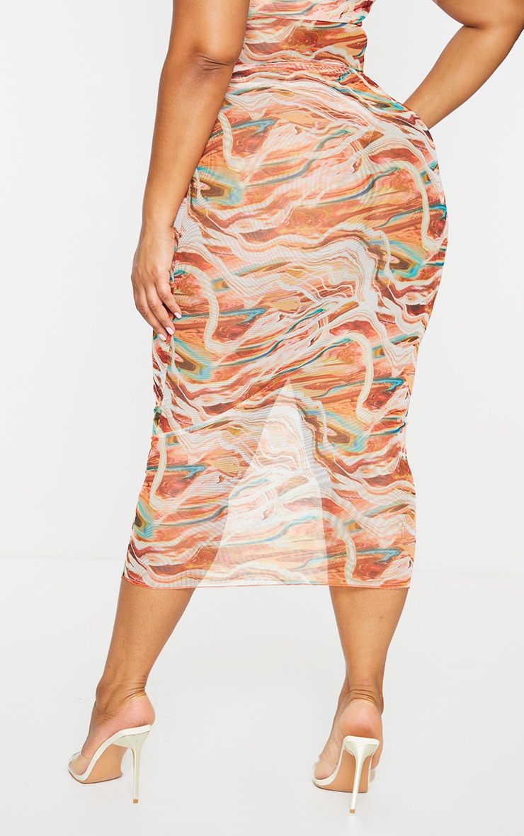 Plus Brown Marble Print Mesh Bodycon Midi Skirt image 3