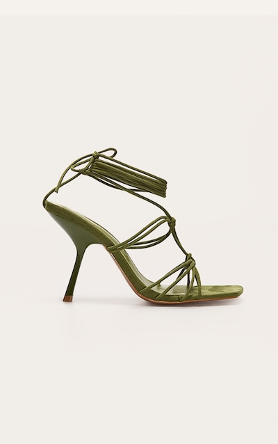 Green Wide Fit Pu Square Toe Knotted Strappy Lace Up Heeled Sandals