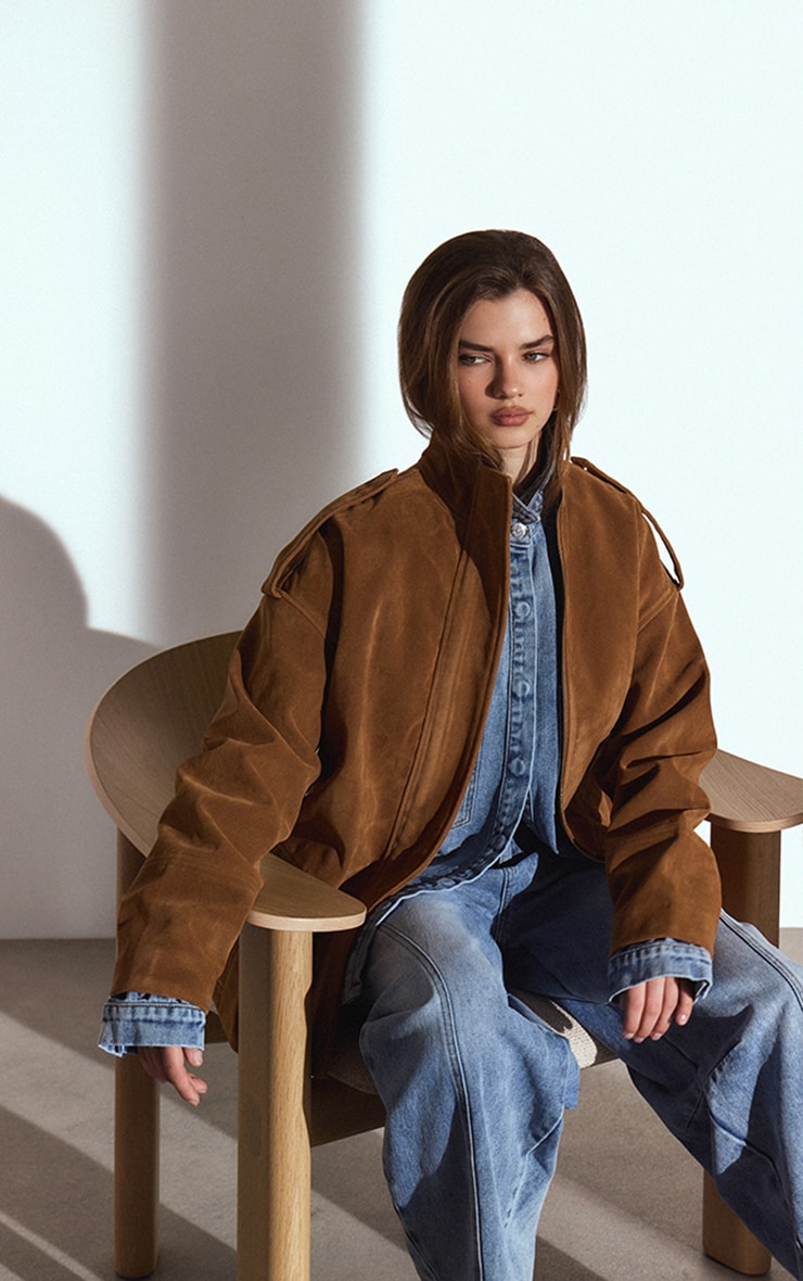 Tan Funnel Neck Concealed Placket Longline Suede Jacket  image 3