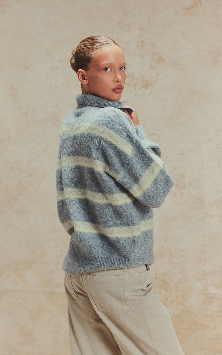 Grey Striped Brushed Knit Oversized Rugby Style Jumper image 2