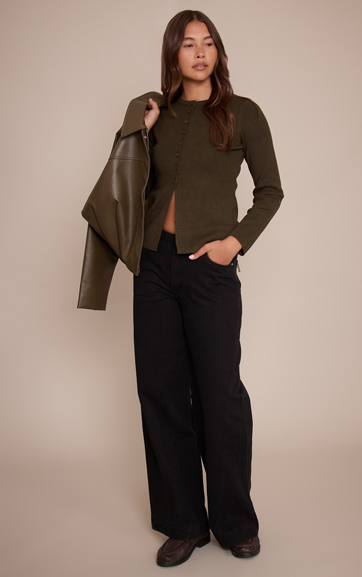 Khaki Rib Knitted Button Down Cardigan  image 3